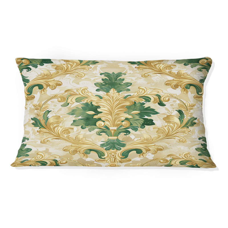 Coussin décoratif damassé et motif baroque vert doré I, H 12 po x l 20 po, Forme rectangulaire