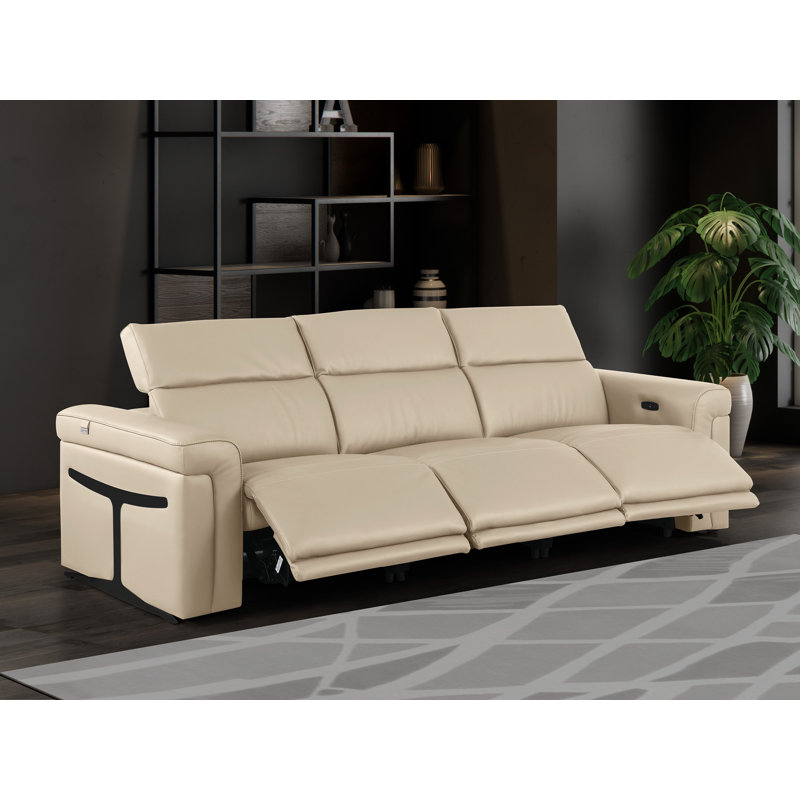 3-Power Seat Reclining Italian Leather Sofa With Power Headrest, Beige