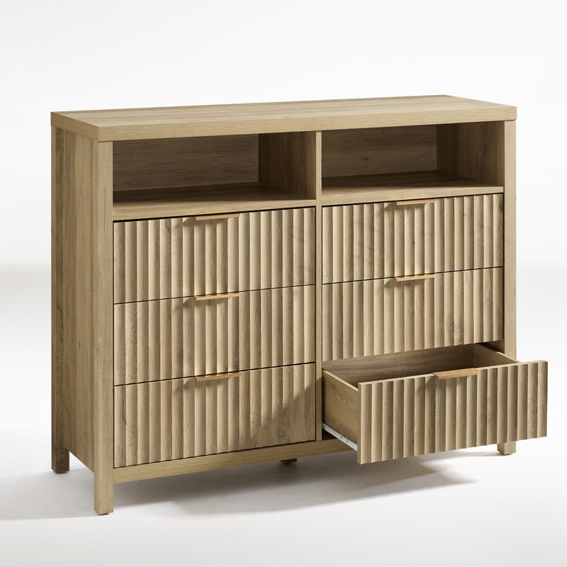 Commode 6 tiroirs avec tablette média Arrilla, Chêne sablé