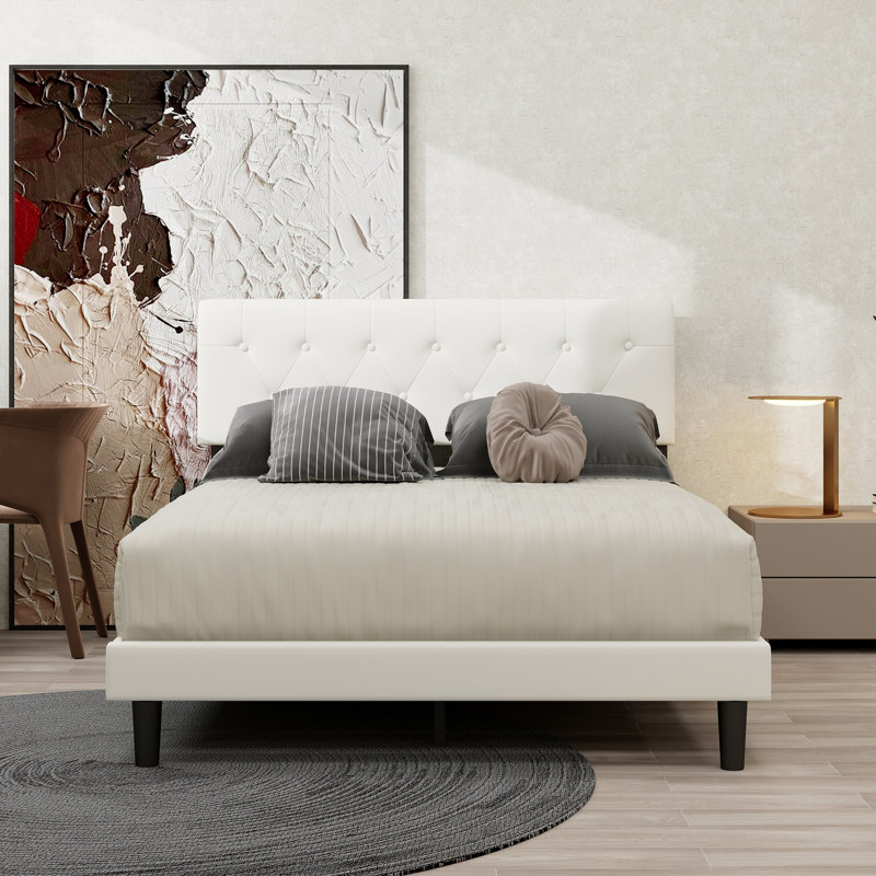 Upholstered Platform Bed Frame, White, Queen