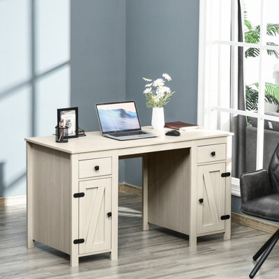 Bureau d'ordinateur de maison de campagne avec rangement HOMcom, bureau à domicile avec 2 tiroirs et 2 armoires, blanc crème