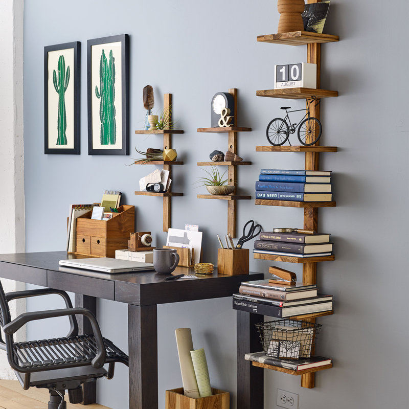 Large Teak Trapezoid Wall Mount Column Shelf
