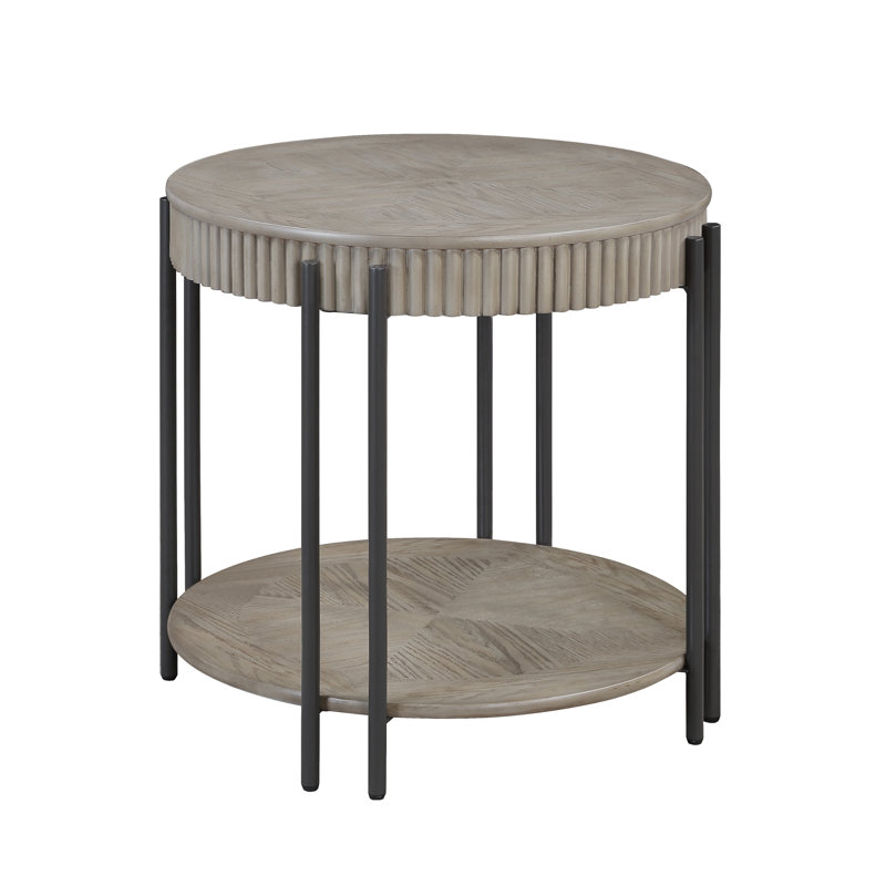 Table de bout ronde contemporaine avec tablette de rangement 1pc, brun noir, brun clair et beige