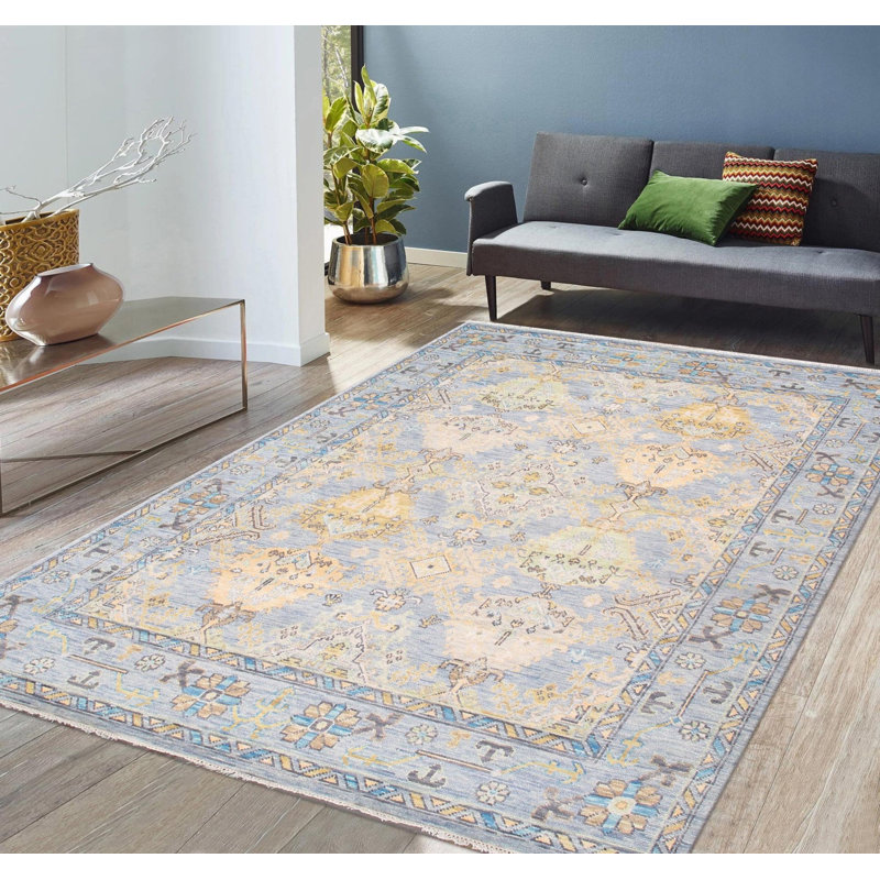 Tapis bleu clair en coton / laine oriental noué à la main 8 pi 1 po x 9 pi 9 po Oriental