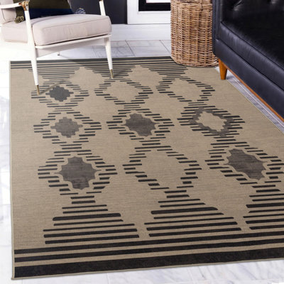JUTA Machine Washable Moroccan Geometric Diamond Design Performance Area Rug Brown Black Non-Slip Backing Brown