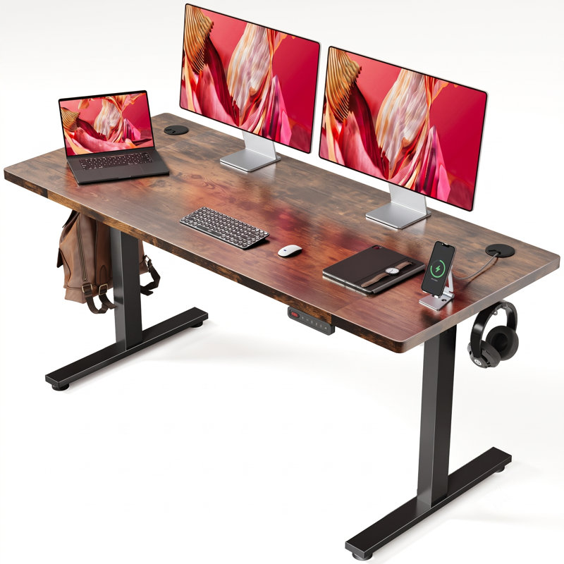 Bureau debout - Bureau électrique à hauteur réglable avec contrôleur de mémoire, H 46 po x l 63 po x P 24 po, Brun/rouge
