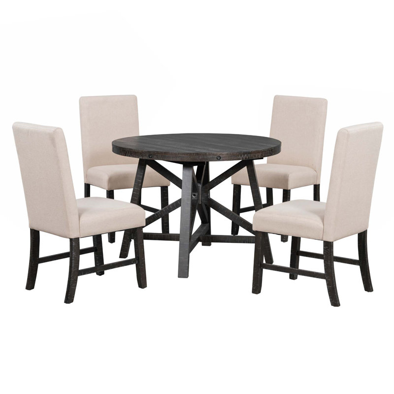 Schuylerville Round 58.03'' Dining Set,Round Table Top with Leaf,dining table set,dining room set, Black, Black/Beige, Black