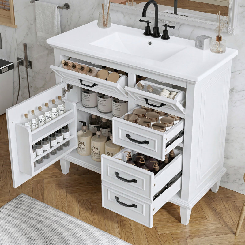Meuble-lavabo de 36 po avec comptoir en céramique et meuble-lavabo autoportant en bois massif, Blanc