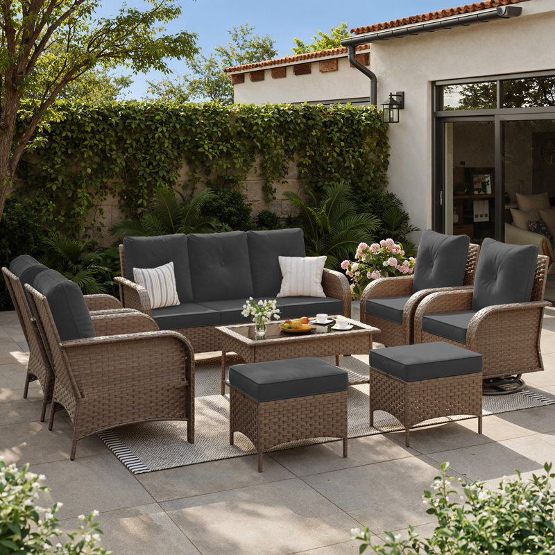 8-Piece Outdoor Patio Conversation Set with Swivel Rocking Chairs, All-Weather Wicker & Steel Frame Outdoor Furniture Set with Storage Coffee Table, Ottomans for Backyard, Porch, Garden