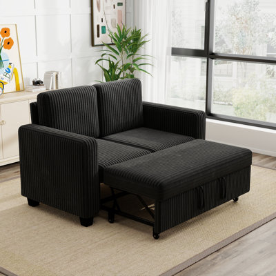 58.1 Inch Black Corduroy Modular 2-Seat Pull-Out Sofa Bed, Multi-Functional 2-In-1 Convertible Couch For Small Space Living Room