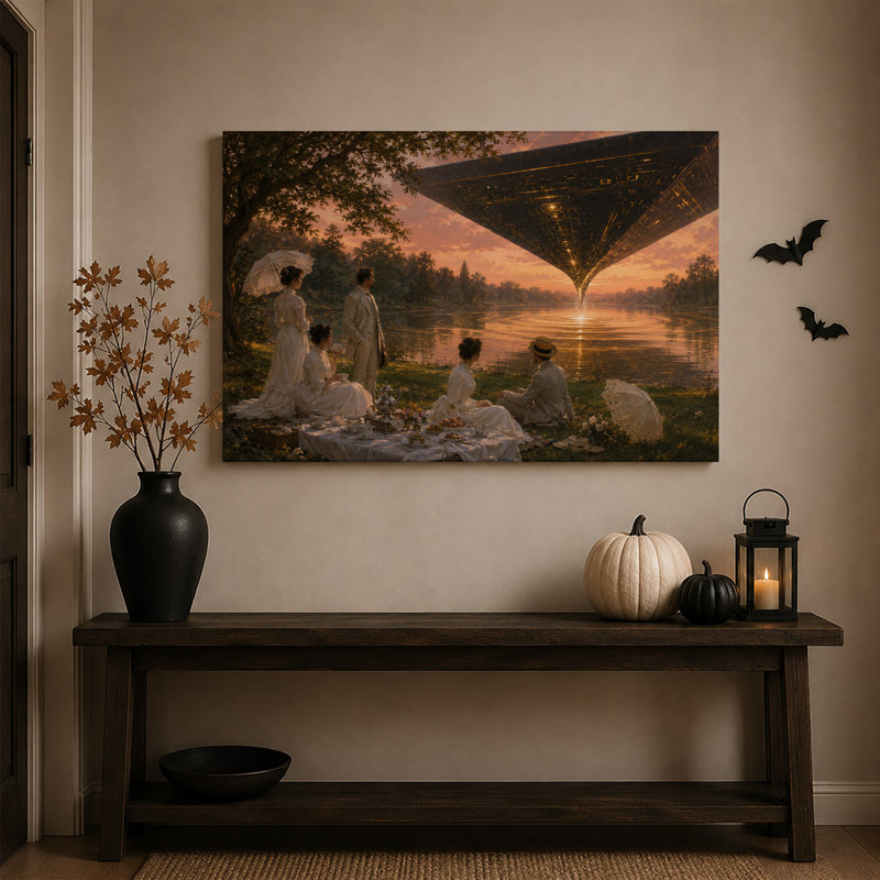 Toile murale d'Halloween « Pique-nique victorien sous un ciel géométrique géant », H 16 po x l 24 po