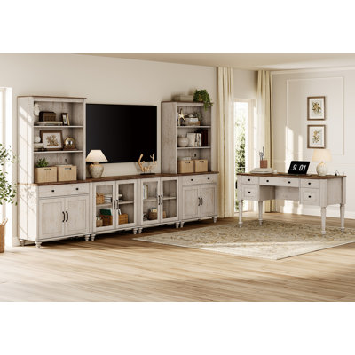 Ensemble de table de salon Ensemble de bureau et de meuble télé de style campagnard, centre de divertissement télé de 75 po avec tablettes, bureau d'écriture pour bureau à domicile et salon, blanc rustique