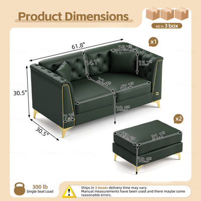 Canapé Chesterfield modulaire 2 places, canapé en similicuir avec capitonnage à boutons fait à la main, accoudoirs garnis de métal et pieds minces en métal, comprend 2 coussins