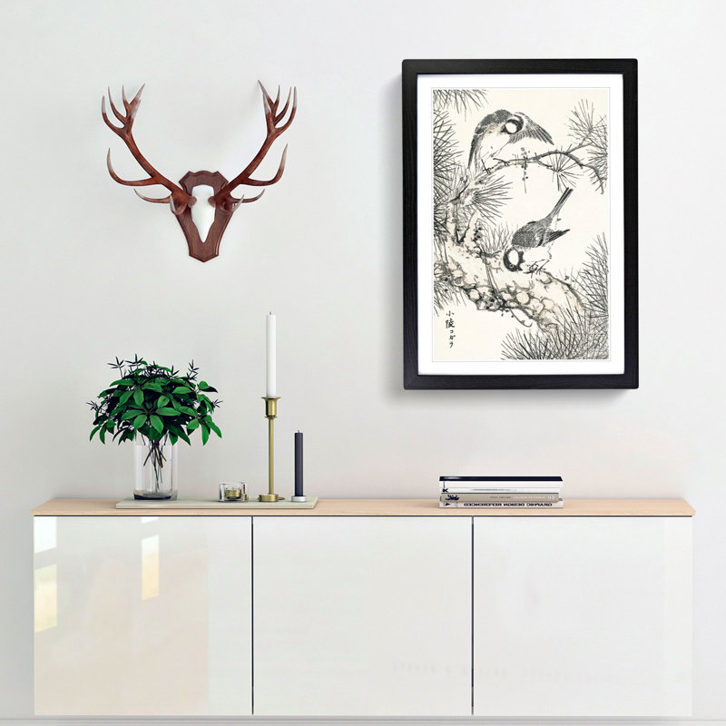 Japanese Willow Tit Birds by Numata Kashu - Framed Print, Black, 60cm H x 40cm W x 2cm D