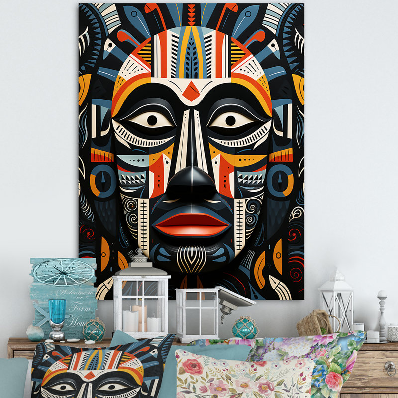 Tribal masque africain IV - art mural tribal africain, Toile tendue, H 40 po x l 30 po x P 1,5 po