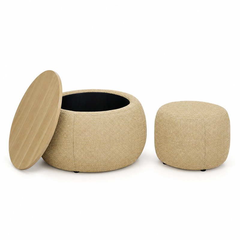 Ensemble de 2 poufs de rangement ronds avec couvercle amovible, couleur naturelle