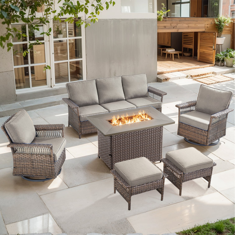 Deb 6-Pieces Outdoor Wicker Patio Conversation Set with Fire Pit Table and Ottomans