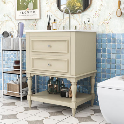 Meuble-lavabo autoportant élégant avec lavabo en céramique, tiroir basculant et tablette de rangement ouverte