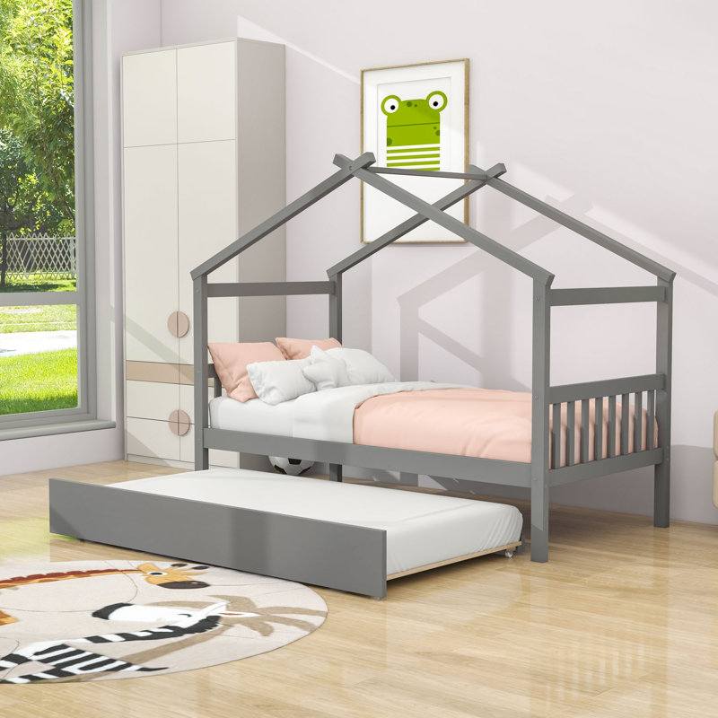 Lit simple en bois avec lit gigogne simple et pieds robustes, Gris, Simple