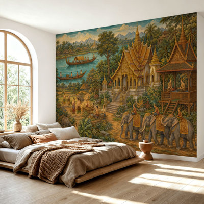 Wall Mural Peel and Stick Wallpaper Thai mural painting boho Self-Adhesive Removable Contact Paper Wall Decor for Living Room Bedroom 69"H x 96"W