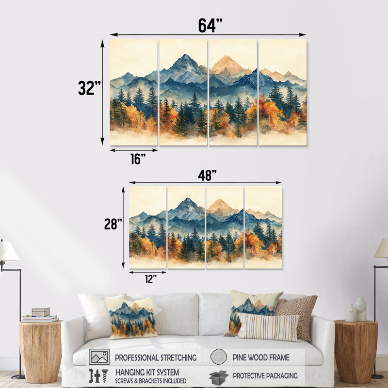 Mountain Forest Pine Tree oots IV - Forest - Art mural traditionnel pour le salon, 4, H 28 po x l 48 po