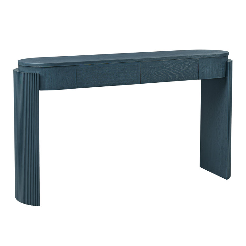 Console bleu marine avec plateau ovale, grain en bois naturel, design cannelé, rangement pour petits objets, entrée, deux tiroirs appliqués à la main, pieds travaillés, style déco