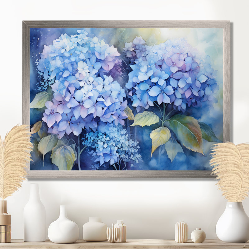 «Blue Hydrangea Farmhouse Still Life I - Hydrangea», art mural, Cadre simple argenté, H 12 po x l 20 po x P 1 po