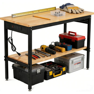 Établi réglable 60 po x 24 po à double couche avec prise de courant, capacité de charge de 2 500 lb, table de travail en bois franc massif, hauteur réglable à 6 niveaux, avec roues pour le garage, banc d'atelier