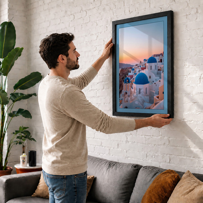 Santorini at Sunset Coastal - Framed Print, A3 - 42.0 x 29.7 cm, Black