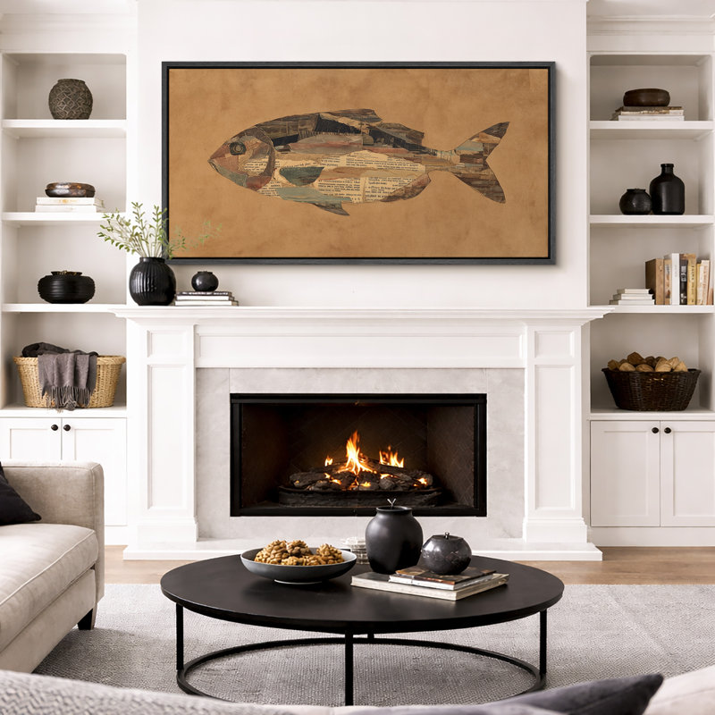 Vintage Collage Fish Coastal Nautical Artwork Wall Decor Extra Large Pictures Framed Canvas Print Wall Art, 30" H x 60" W