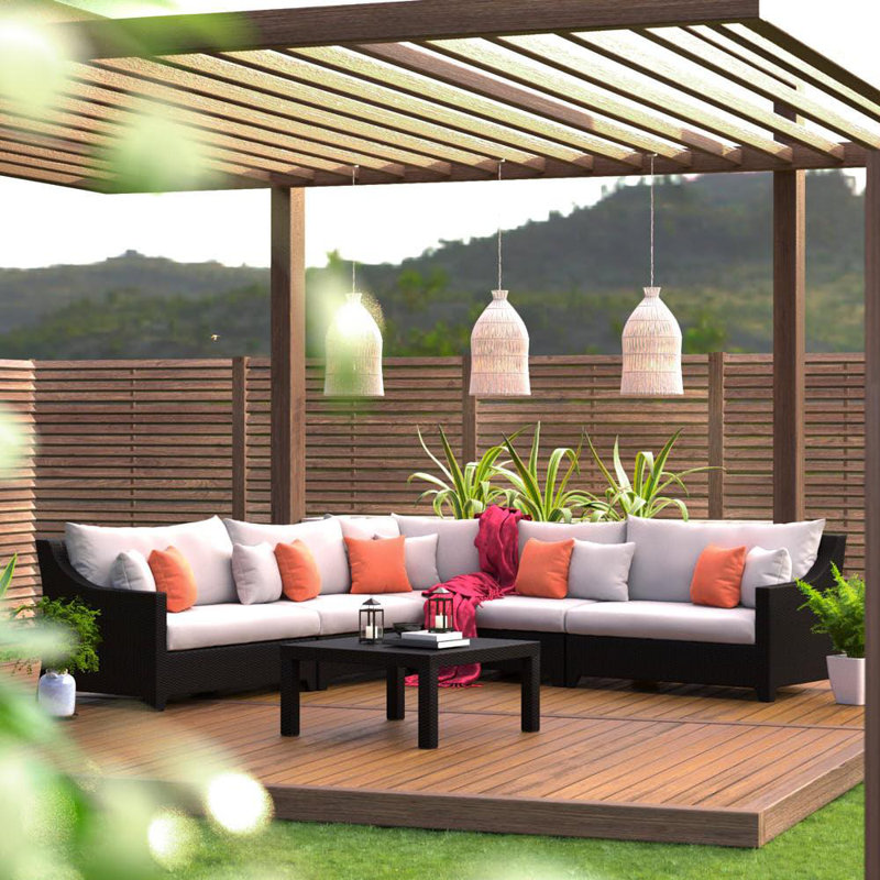 Fionnula 6 Piece Rattan Sectional Seating Group With Sunbrella Cushion Covers, Cast Coral Sunbrella® Plainweave