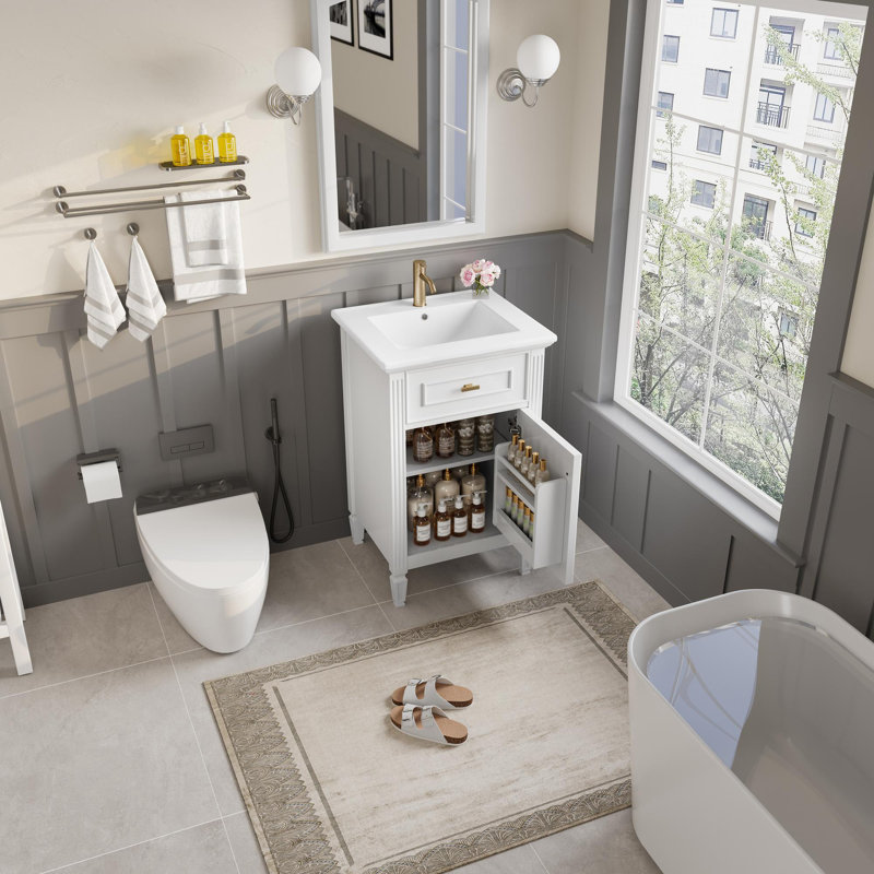 Meuble-lavabo autoportant de 20 po avec lavabo en céramique, Blanc