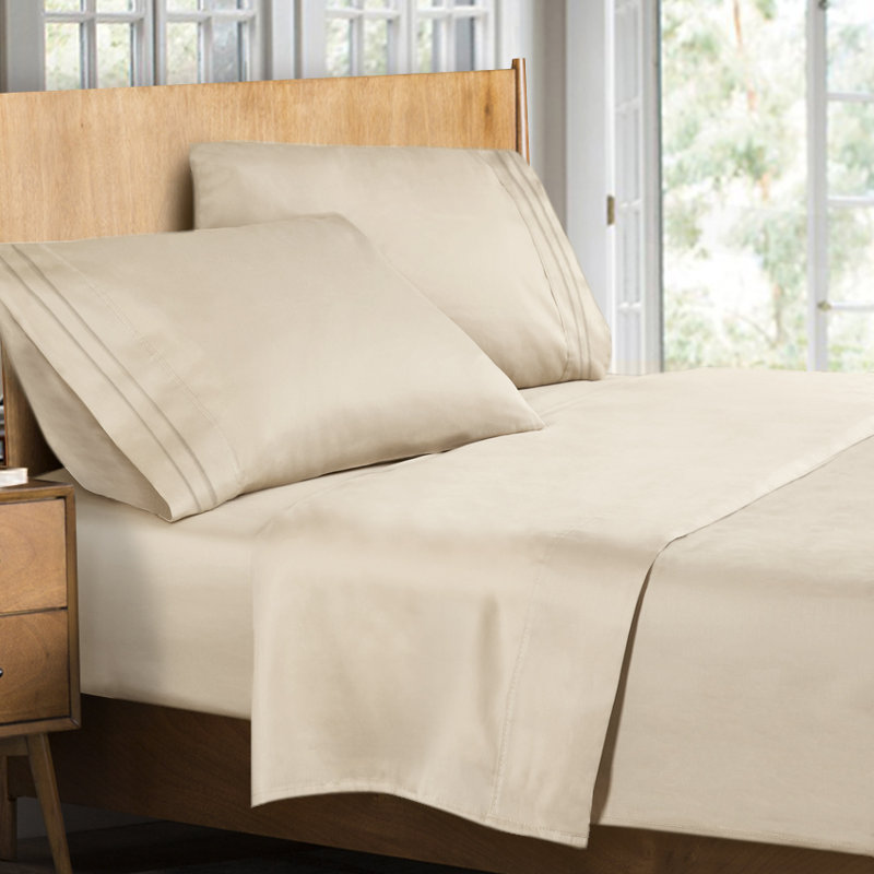 Double-Brushed Microfiber Striped Sheet Set, Cream Beige, Queen Sheet Set + Fitted Sheet + 2 Pillowcases