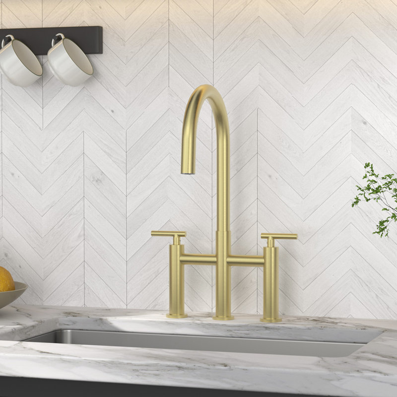 Bridge Kitchen Faucet with Hidden Pull Down Sprayer, 3 Hole 8 Inch Kitchen Sink Faucet, Solid Brass, Gold, Gold