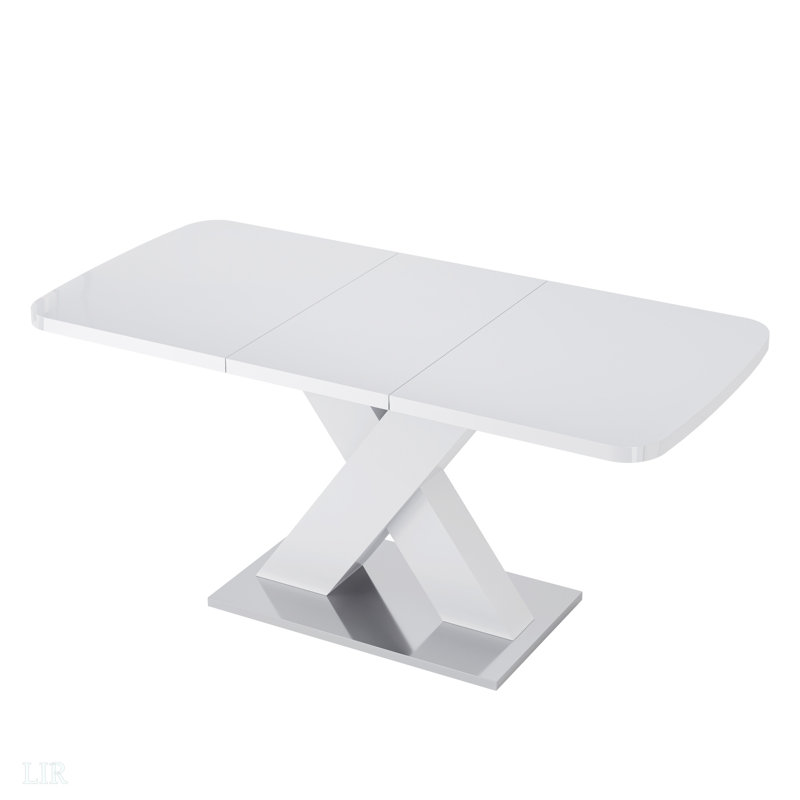 Table de salle à manger moderne carrée, extensible, plateau de table blanc + pied de table en MDF en X avec base en métal