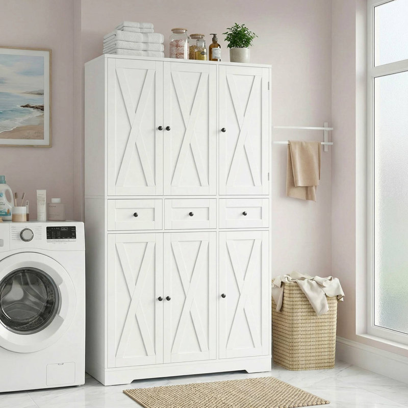 42.5″ W x 66.9″ H Freestanding Bathroom Cabinet With 6 Doors, Storage Wood Tall Cabinet With 3 Drawer, White