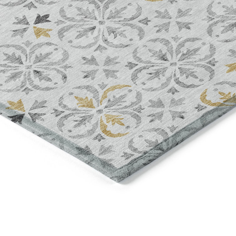 Tapis extérieur lavable à motif floral gris argenté et doré 3 pi x 5 pi