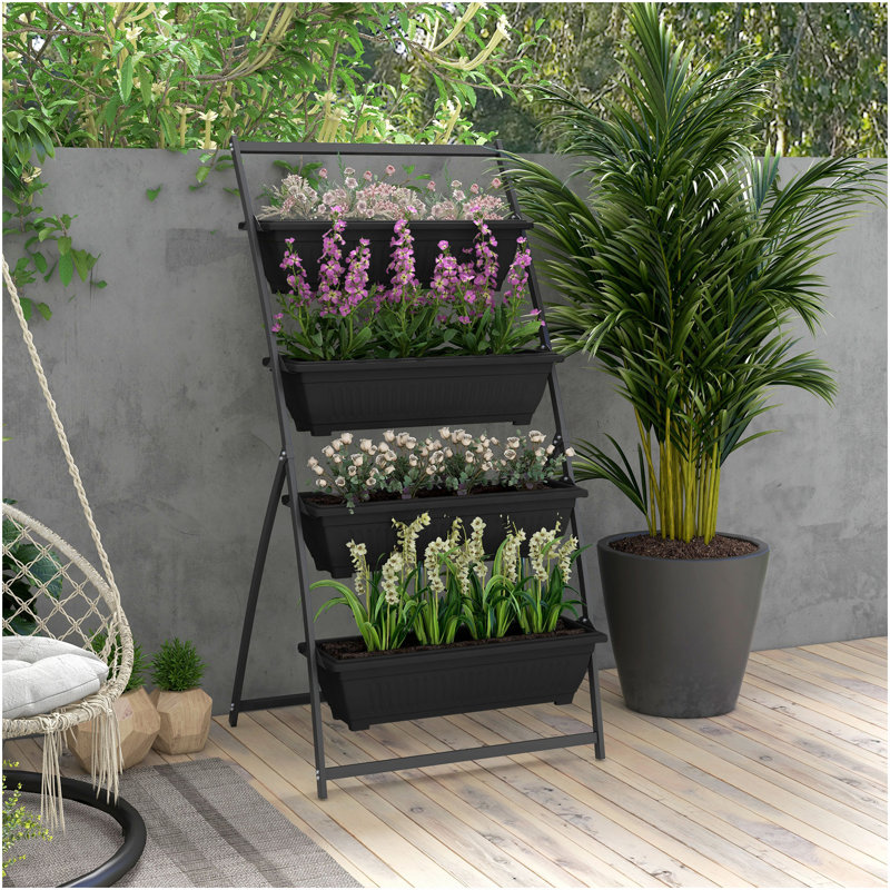 Lit de jardin surélevé Outsunny, ensemble de jardinières verticales à 4 niveaux, 4 boîtes à fleurs d'extérieur avec support, jardin surélevé à conception surélevée pour légumes, fleurs et herbes, noir