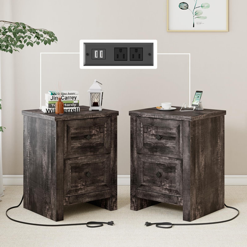 Table de chevet avec station de charge, table de bout Farmhouse , Chêne foncé