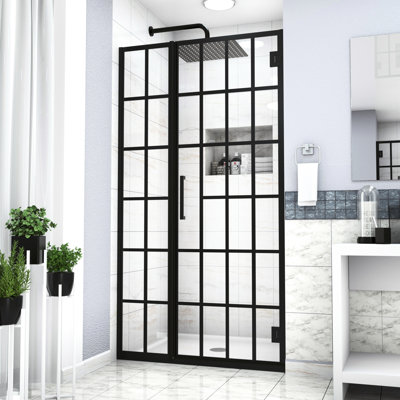 Porte de douche l 40 po x H 72 po noir mat avec miroir de salle de bain pivotant 40 po x 72 po et élément fascinant