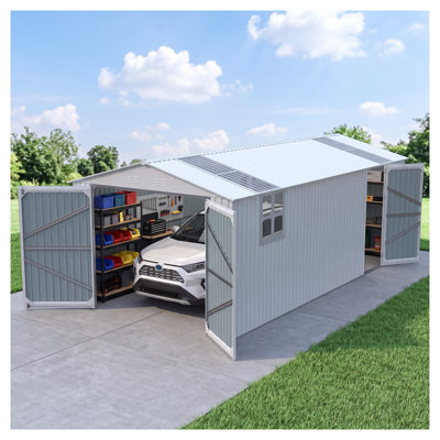 20x10 FT Metal Outdoor Storage Shed with Window and Vents, Heavy-Duty Galvanized Steel Garden Utility Building for Vehicles and Equipment, Off-White/Grey
