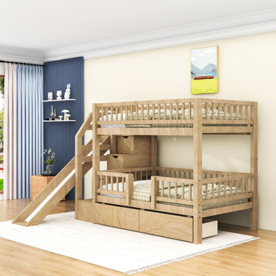 2 Drawers Twin Over Twin Bunk Bed With Storage Stair, Slide And Guardrails