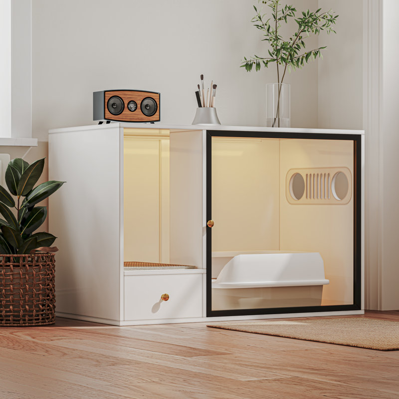 Grande / haute boîte à litière pour grands chats, armoire à litière intérieure en bois pour chat avec porte en verre et lumière, meuble moderne pour salle de bain avec rangement pour animal domestique, table de bout blanche pour la maison