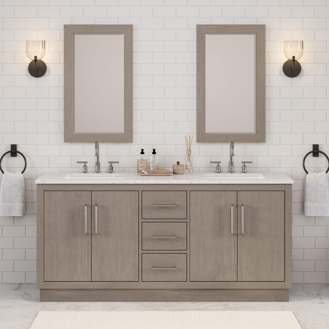 Kamila 72" Carrara White Marble Countertop Bath Vanity in Gray Oak with Mirror Birch Lane™ Hardware 