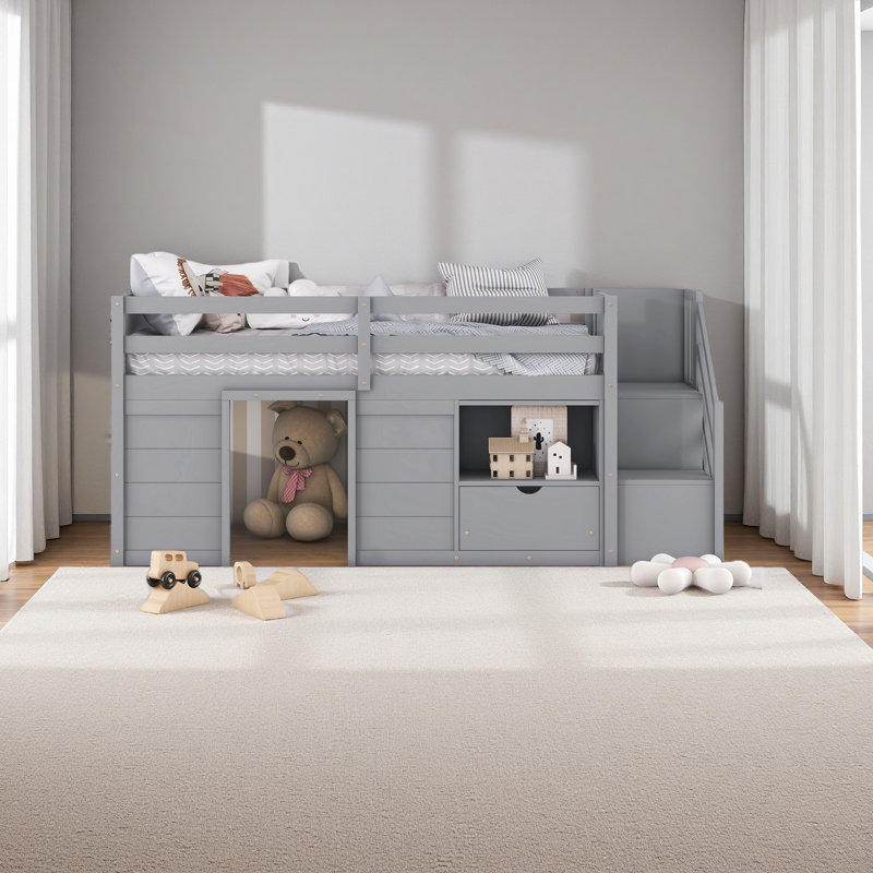 Lit simple, lit double en bois massif avec escalier, tablette et tablette, Gris