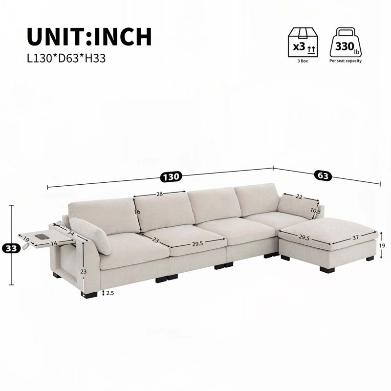 Canapé modulaire de 130 po en forme de L avec table pliante et port double, Beige