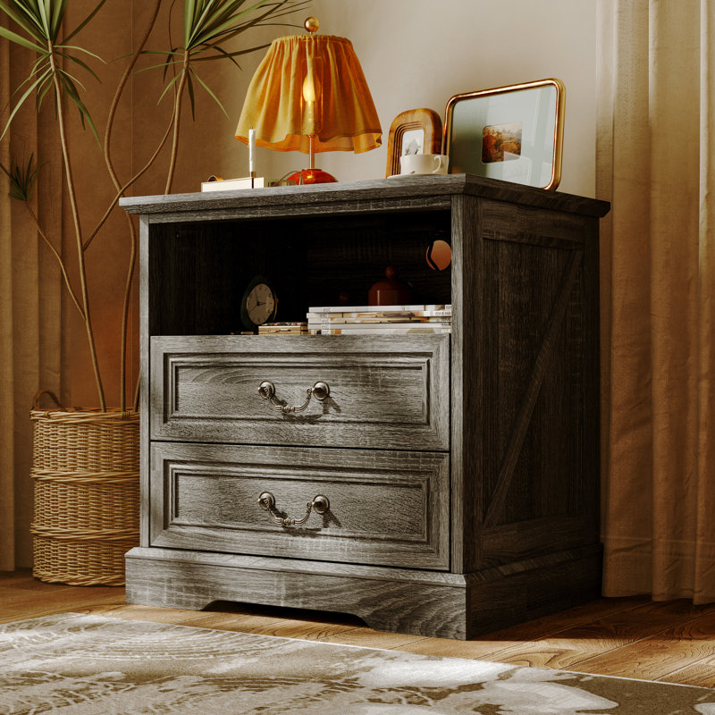 Auserine Elegent Nightstand With Built-In Outlet, Gray
