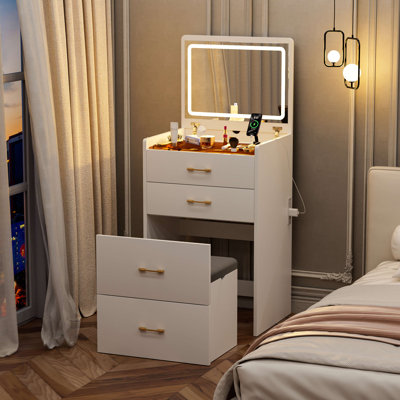 Meuble-lavabo 3 en 1 avec miroir ouvert, ensemble de coiffeuse avec bureau en verre visible, coiffeuse compacte avec 3 tiroirs et tabouret, coiffeuse pour chambre à coucher