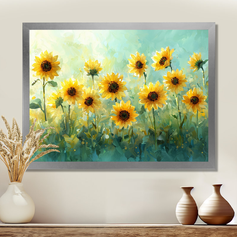 «Country Side Sunflowers Field Sky Horizon II» - Art mural tournesols, H 12 po x l 20 po, Argent argent