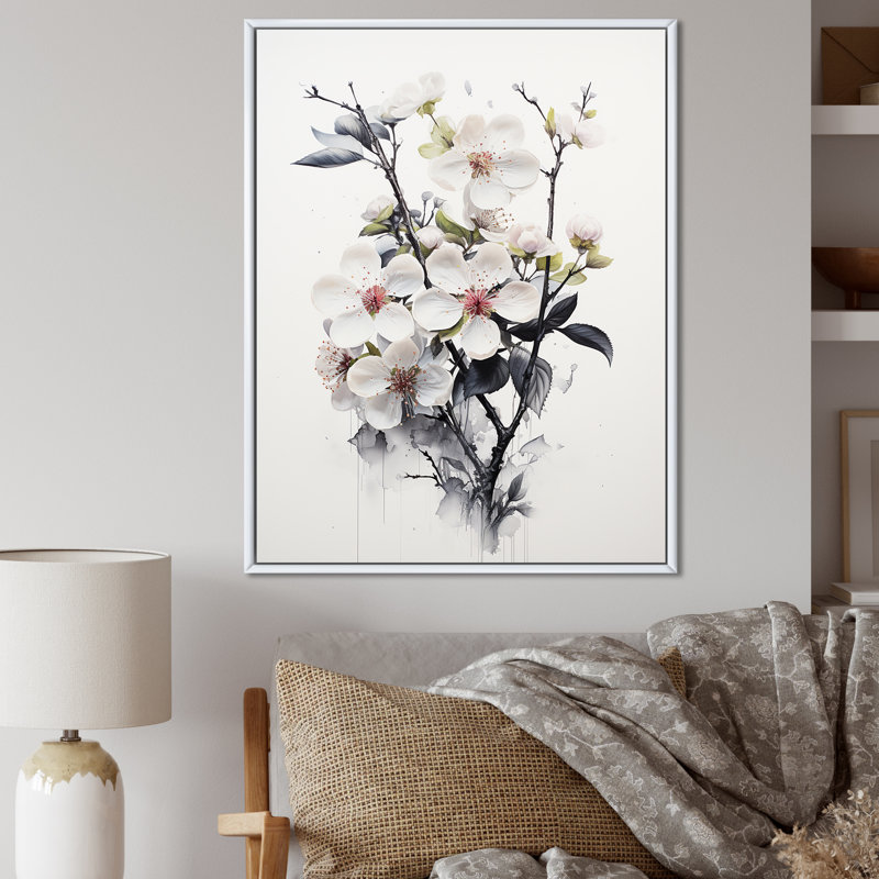 Art minimaliste sur toile, «Apple Blossom II» minimaliste, Cadre flottant blanc, H 32 po x l 24 po x P 1 po